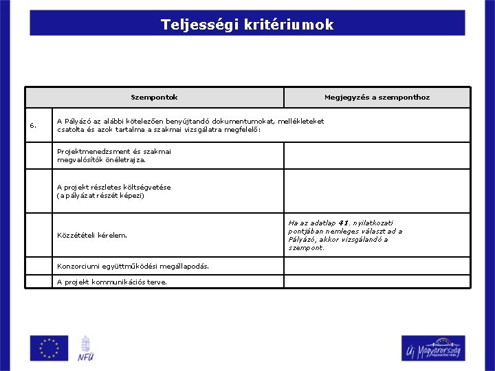 Teljességi kritériumok Szempontok 6. Megjegyzés a szemponthoz A Pályázó az alábbi kötelezően benyújtandó dokumentumokat,