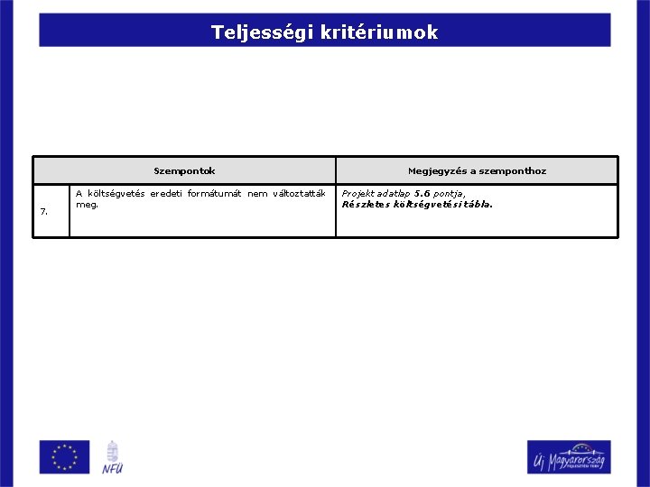 Teljességi kritériumok Szempontok 7. A költségvetés eredeti formátumát nem változtatták meg. Megjegyzés a szemponthoz