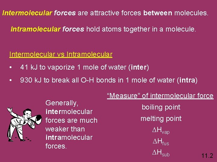 Intermolecular forces are attractive forces between molecules. Intramolecular forces hold atoms together in a