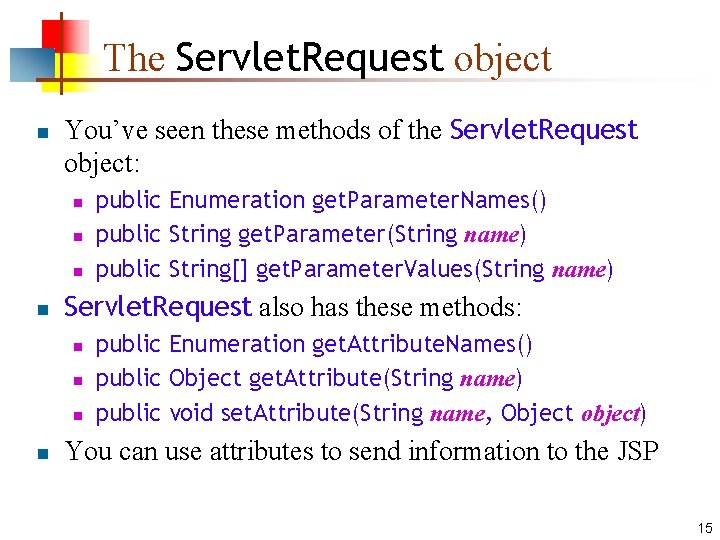 The Servlet. Request object n You’ve seen these methods of the Servlet. Request object: