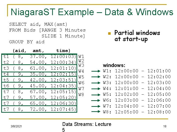 Niagara. ST Example – Data & Windows SELECT aid, MAX(amt) FROM Bids [RANGE 3