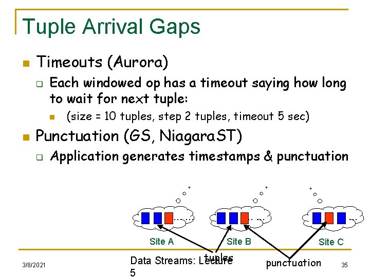 Tuple Arrival Gaps n Timeouts (Aurora) q Each windowed op has a timeout saying
