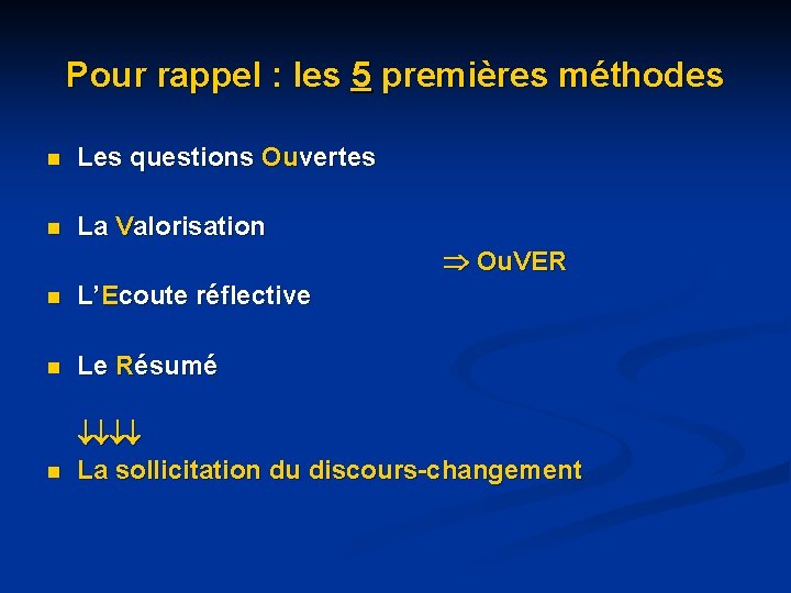Pour rappel : les 5 premières méthodes n Les questions Ouvertes n La Valorisation Pour rappel : les 5 premières méthodes n Les questions Ouvertes n La Valorisation