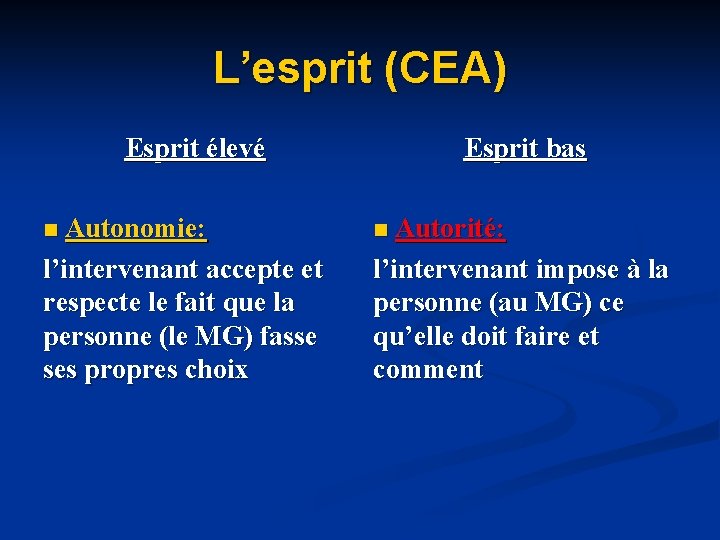 L’esprit (CEA) Esprit élevé Esprit bas n Autonomie: n Autorité: l’intervenant accepte et respecte L’esprit (CEA) Esprit élevé Esprit bas n Autonomie: n Autorité: l’intervenant accepte et respecte