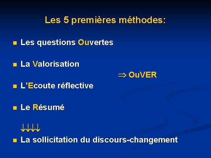 Les 5 premières méthodes: n Les questions Ouvertes n La Valorisation Ou. VER n Les 5 premières méthodes: n Les questions Ouvertes n La Valorisation Ou. VER n