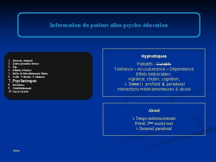Information du patient alias psycho-éducation Hypnotiques 1. 2. 3. 4. 5. 6. Structure sommeil Information du patient alias psycho-éducation Hypnotiques 1. 2. 3. 4. 5. 6. Structure sommeil