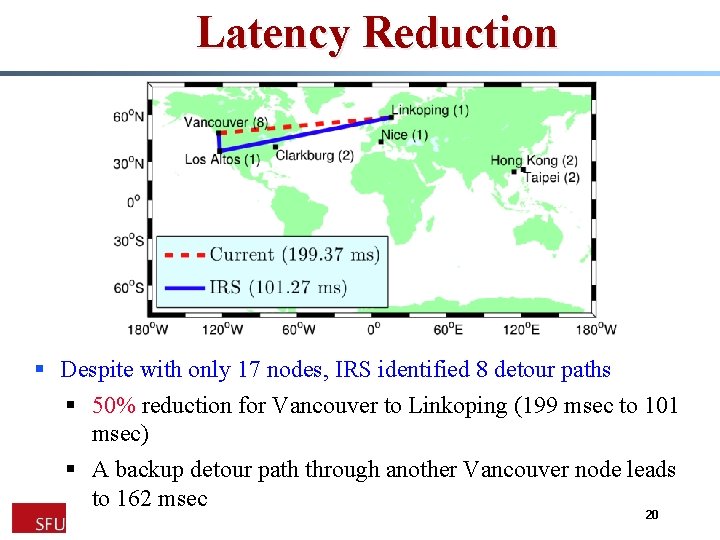 Latency Reduction § Despite with only 17 nodes, IRS identified 8 detour paths §