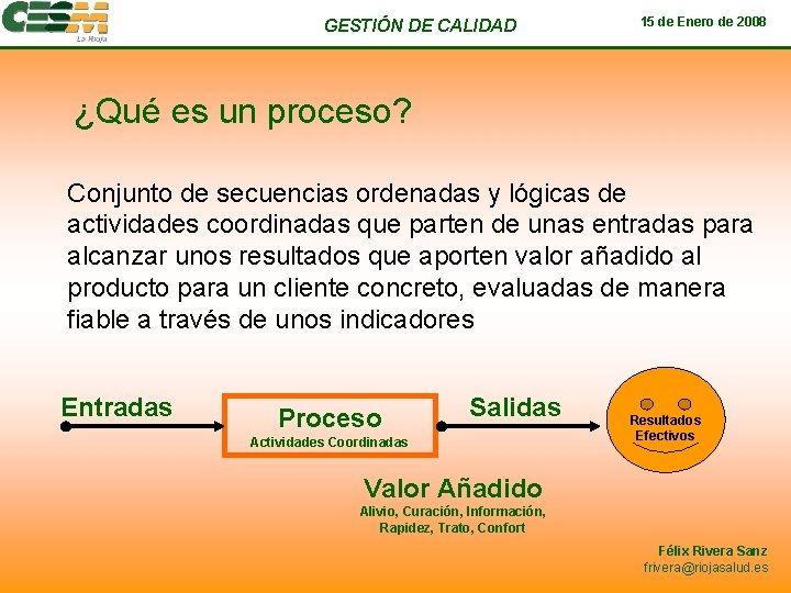 GESTIÓN DE CALIDAD 15 de Enero de 2008 ¿Qué es un proceso? Conjunto de