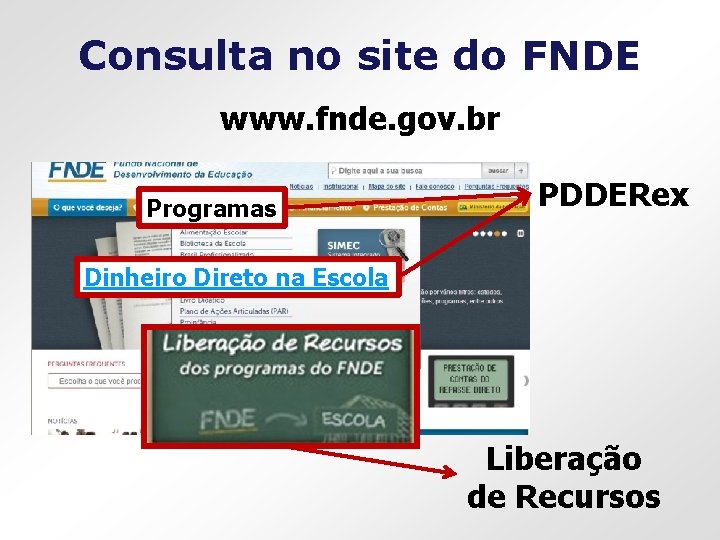Consulta no site do FNDE www. fnde. gov. br Programas PDDERex Dinheiro Direto na