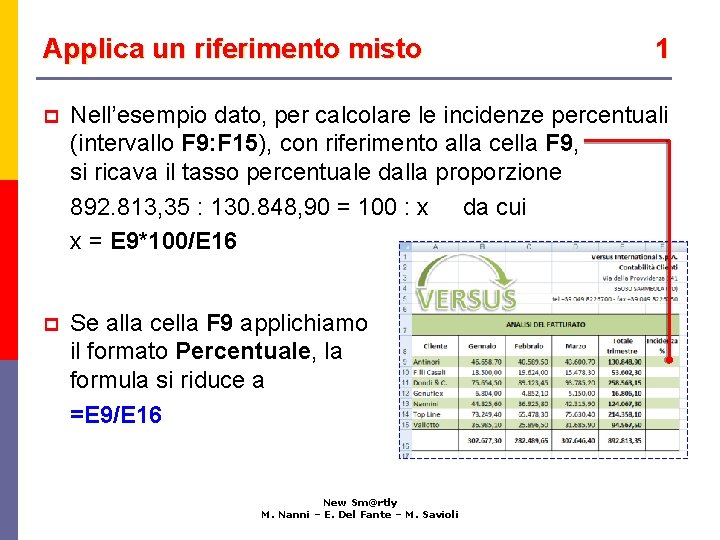 Applica un riferimento misto 1 p Nell’esempio dato, per calcolare le incidenze percentuali (intervallo