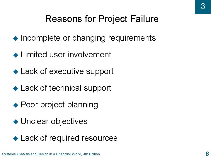 3 Reasons for Project Failure u Incomplete u Limited or changing requirements user involvement