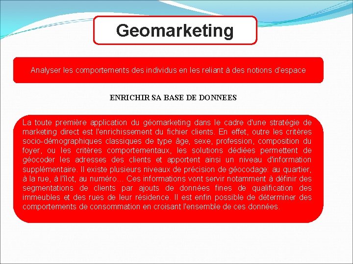 Geomarketing Analyser les comportements des individus en les reliant à des notions d’espace ENRICHIR