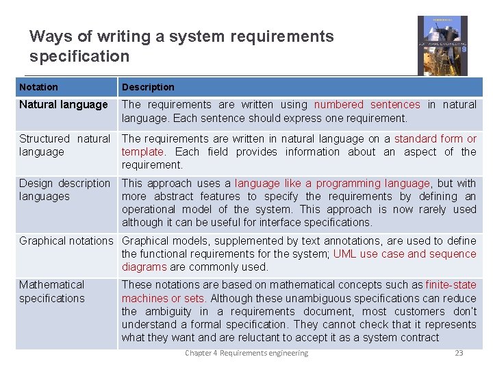 Ways of writing a system requirements specification Notation Description Natural language The requirements are