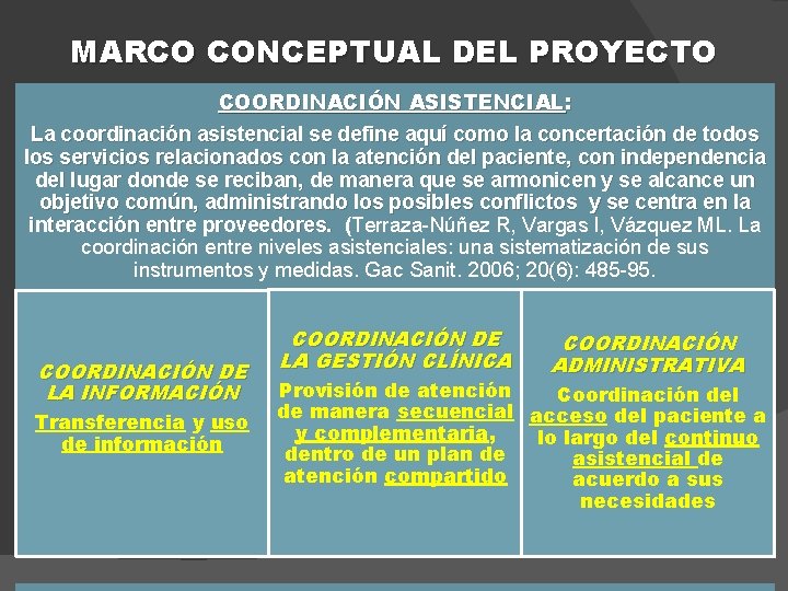 MARCO CONCEPTUAL DEL PROYECTO COORDINACIÓN ASISTENCIAL: La coordinación asistencial se define aquí como la