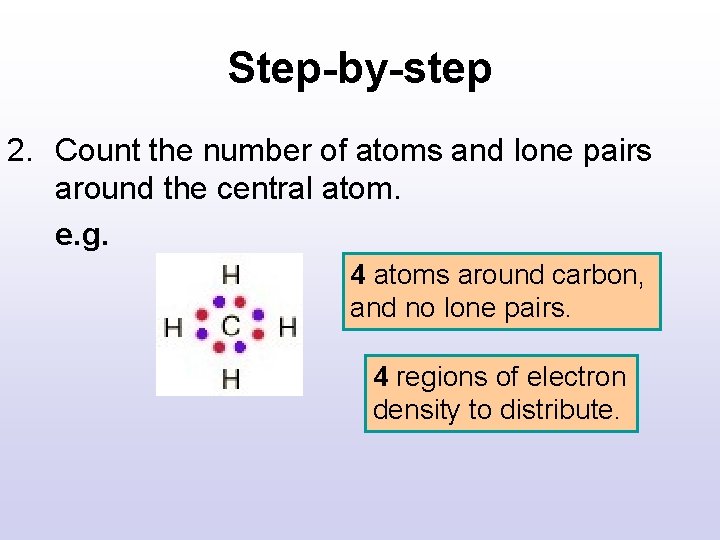 Step-by-step 2. Count the number of atoms and lone pairs around the central atom. Step-by-step 2. Count the number of atoms and lone pairs around the central atom.