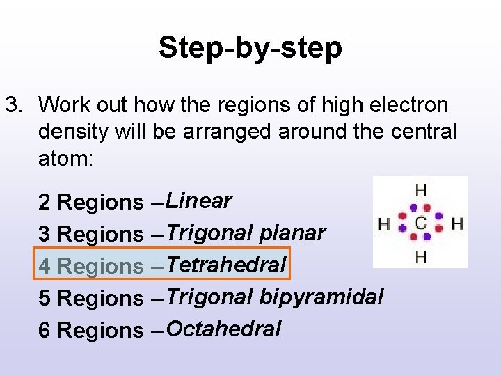 Step-by-step 3. Work out how the regions of high electron density will be arranged Step-by-step 3. Work out how the regions of high electron density will be arranged