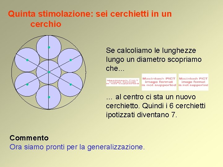 Quinta stimolazione: sei cerchietti in un cerchio Se calcoliamo le lunghezze lungo un diametro Quinta stimolazione: sei cerchietti in un cerchio Se calcoliamo le lunghezze lungo un diametro