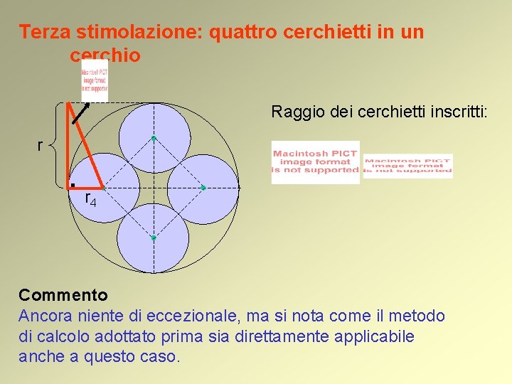 Terza stimolazione: quattro cerchietti in un cerchio Raggio dei cerchietti inscritti: r . r Terza stimolazione: quattro cerchietti in un cerchio Raggio dei cerchietti inscritti: r . r