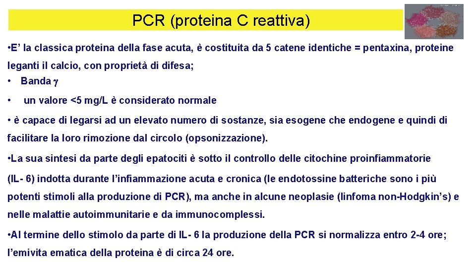 PCR (proteina C reattiva) • E’ la classica proteina della fase acuta, è costituita PCR (proteina C reattiva) • E’ la classica proteina della fase acuta, è costituita