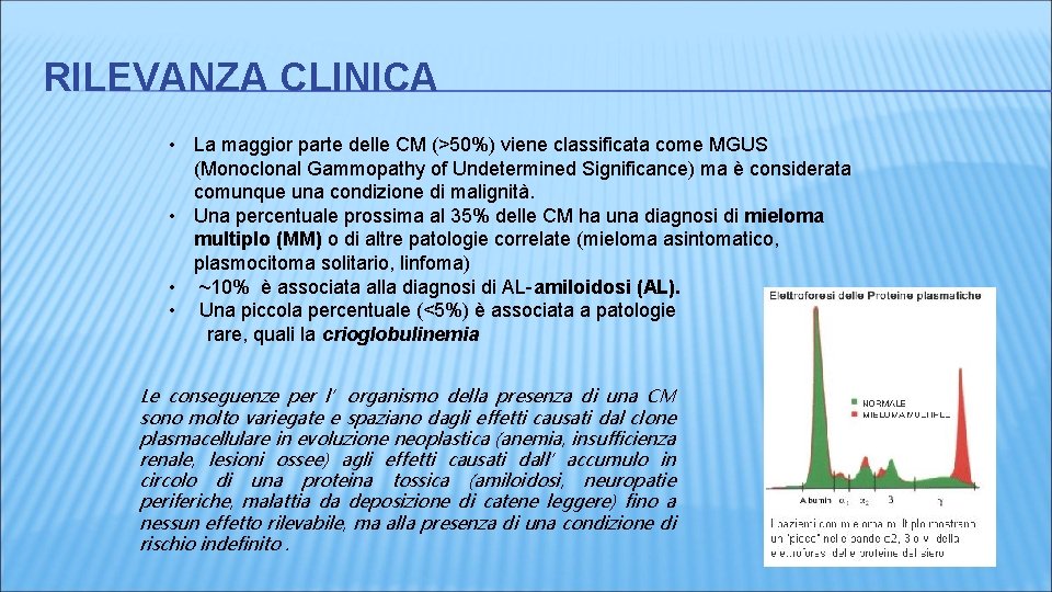 RILEVANZA CLINICA • La maggior parte delle CM (>50%) viene classificata come MGUS (Monoclonal RILEVANZA CLINICA • La maggior parte delle CM (>50%) viene classificata come MGUS (Monoclonal