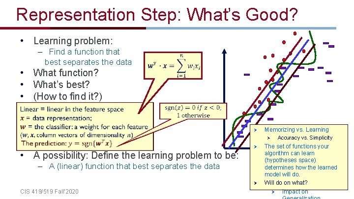 Representation Step: What’s Good? • Learning problem: – Find a function that best separates