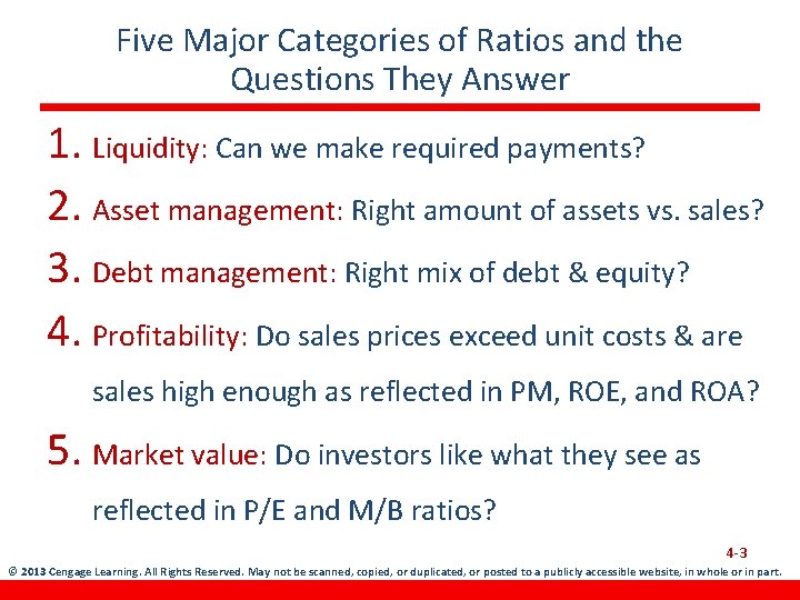 Five Major Categories of Ratios and the Questions They Answer 1. Liquidity: Can we