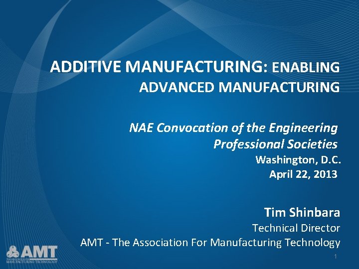 ADDITIVE MANUFACTURING: ENABLING ADVANCED MANUFACTURING NAE Convocation of the Engineering Professional Societies Washington, D.