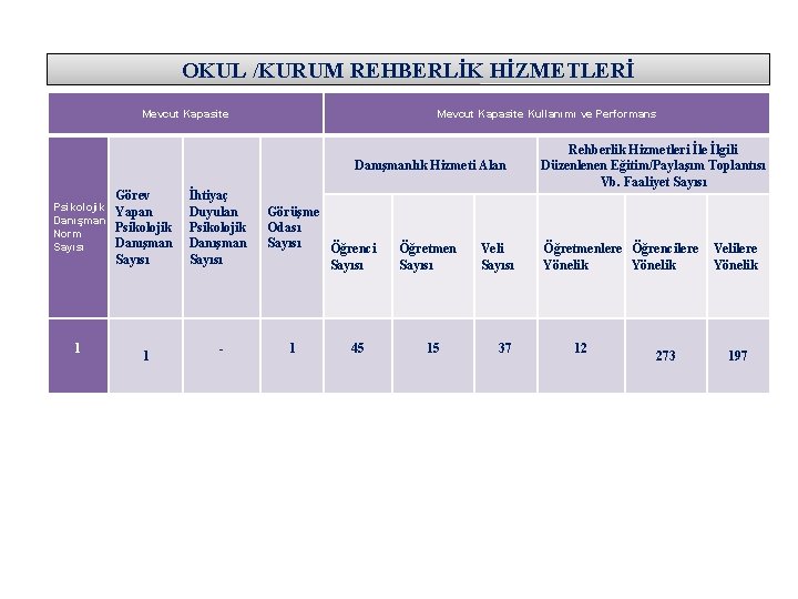 OKUL /KURUM REHBERLİK HİZMETLERİ Mevcut Kapasite Kullanımı ve Performans Danışmanlık Hizmeti Alan Psikolojik Danışman