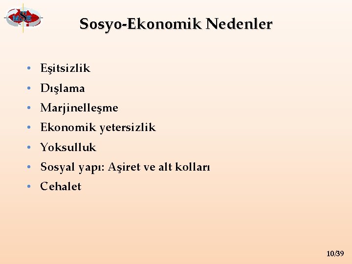 M SE Sosyo-Ekonomik Nedenler • Eşitsizlik • Dışlama • Marjinelleşme • Ekonomik yetersizlik •