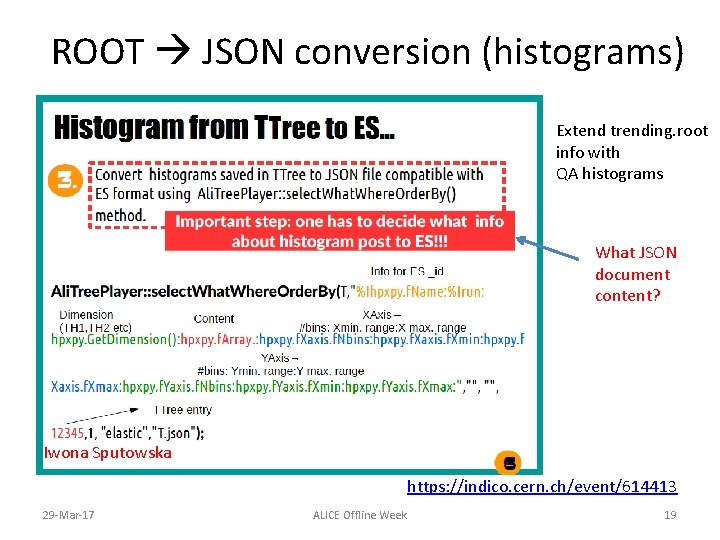 ROOT JSON conversion (histograms) Extend trending. root info with QA histograms What JSON document