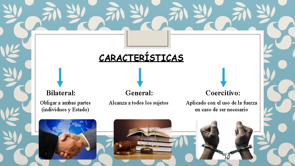 CARACTERÍSTICAS Bilateral: Obligar a ambas partes (individuos y Estado) General: Coercitivo: Alcanza a todos CARACTERÍSTICAS Bilateral: Obligar a ambas partes (individuos y Estado) General: Coercitivo: Alcanza a todos