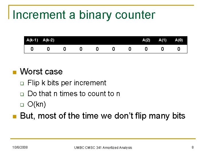 Increment a binary counter n A(k-2) 0 0 0 0 A(2) A(1) A(0) 0