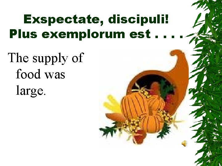 Exspectate, discipuli! Plus exemplorum est. . The supply of food was large. 