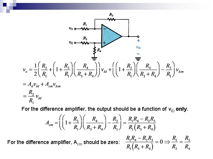 For the difference amplifier, the output should be a function of v. ID only.