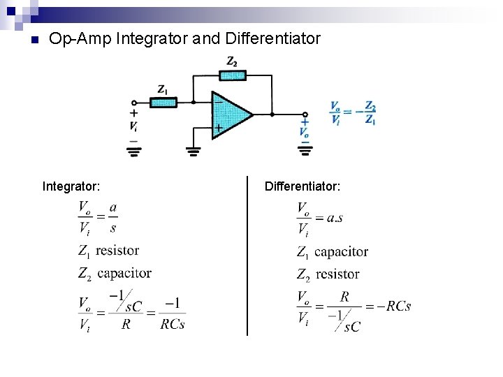 n Op-Amp Integrator and Differentiator Integrator: Differentiator: 