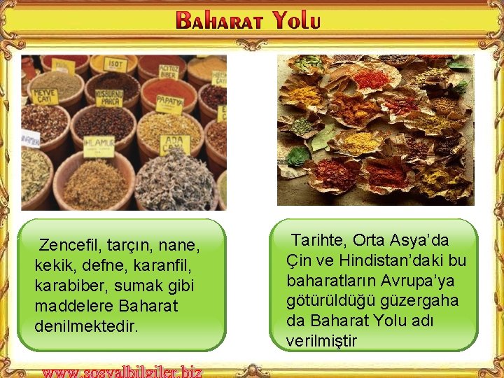 Zencefil, tarçın, nane, kekik, defne, karanfil, karabiber, sumak gibi maddelere Baharat denilmektedir. Tarihte, Orta