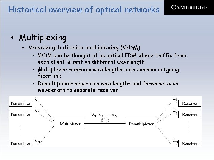 Historical overview of optical networks • Multiplexing – Wavelength division multiplexing (WDM) • WDM