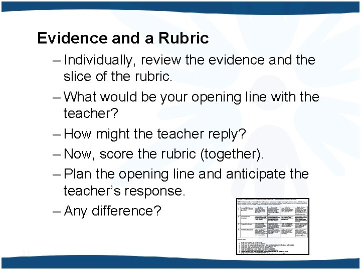 Evidence and a Rubric – Individually, review the evidence and the slice of the