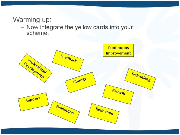 Warming up: – Now integrate the yellow cards into your scheme. Pr De ofes