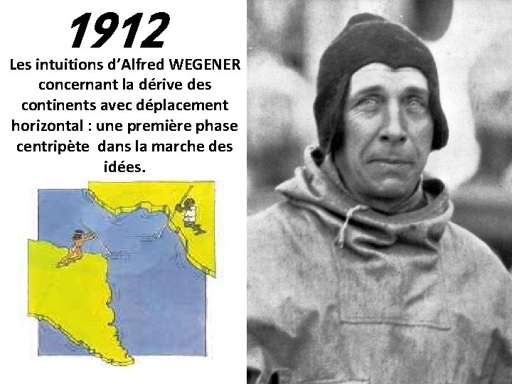 1912 Les intuitions d’Alfred WEGENER concernant la dérive des continents avec déplacement horizontal :