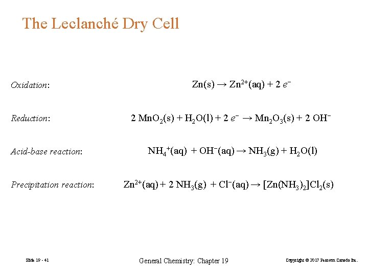 The Leclanché Dry Cell Oxidation: Reduction: Acid-base reaction: Precipitation reaction: Slide 19 - 41
