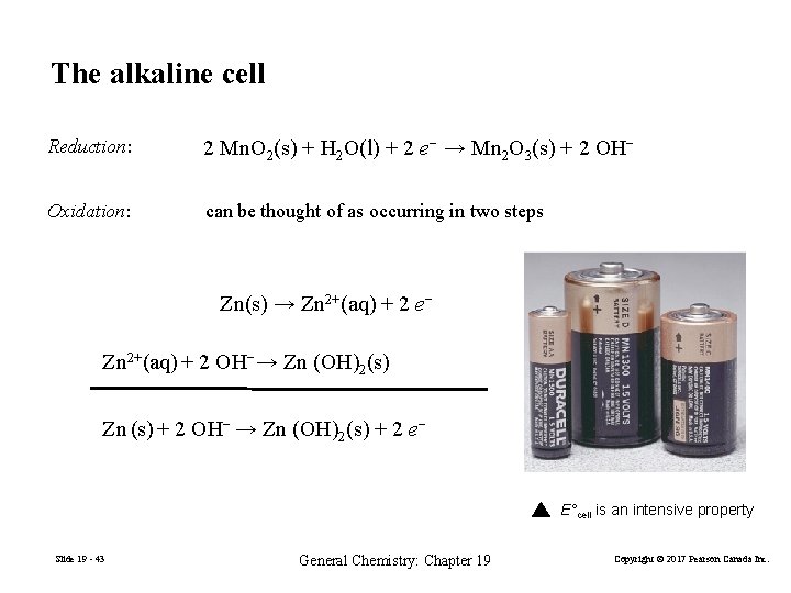 The alkaline cell Reduction: 2 Mn. O 2(s) + H 2 O(l) + 2