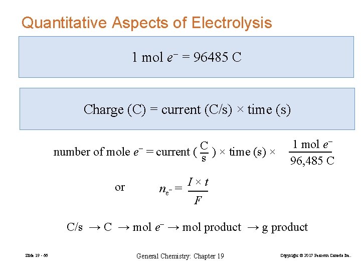 Quantitative Aspects of Electrolysis 1 mol e− = 96485 C Charge (C) = current