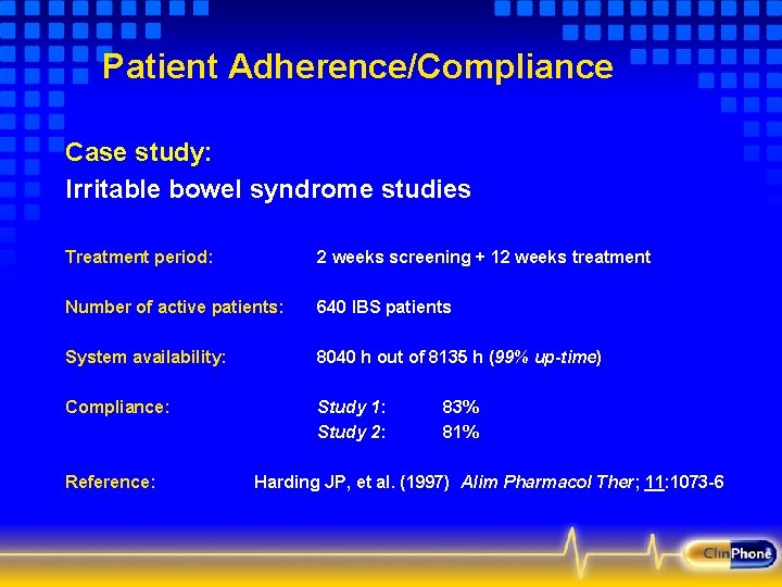 Patient Adherence/Compliance Case study: Irritable bowel syndrome studies Treatment period: 2 weeks screening +