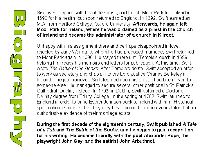 Swift was plagued with fits of dizziness, and he left Moor Park for Ireland