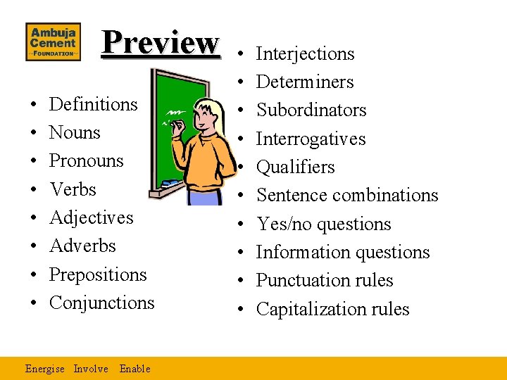 Preview • • Definitions Nouns Pronouns Verbs Adjectives Adverbs Prepositions Conjunctions Energise Involve Enable