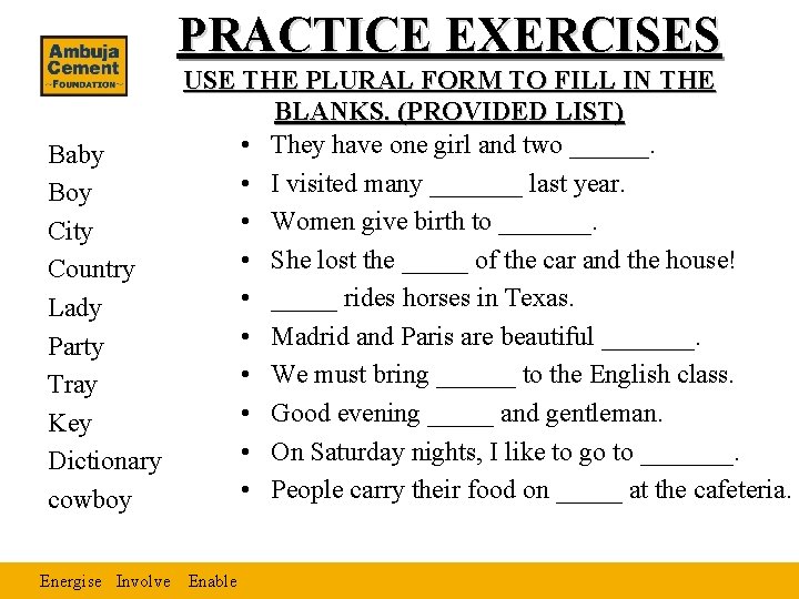 PRACTICE EXERCISES USE THE PLURAL FORM TO FILL IN THE BLANKS. (PROVIDED LIST) •