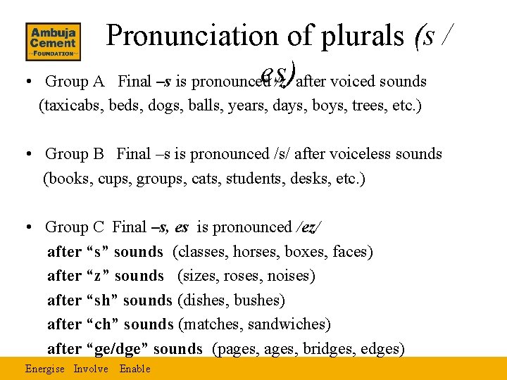 • Pronunciation of plurals (s / es) Group A Final –s is pronounced