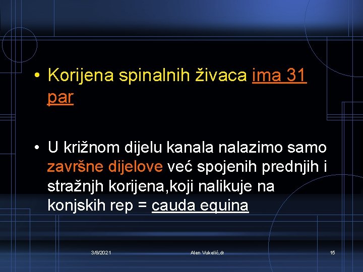  • Korijena spinalnih živaca ima 31 par • U križnom dijelu kanalazimo samo