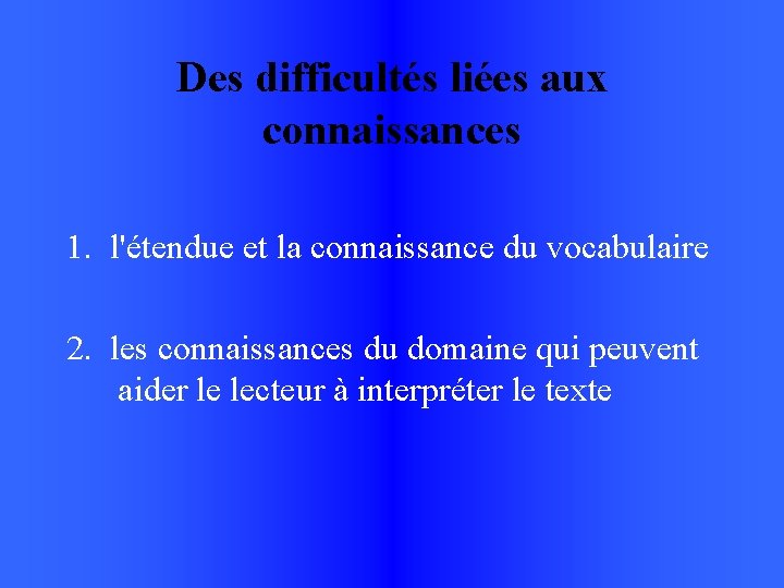 Des difficultés liées aux connaissances 1. l'étendue et la connaissance du vocabulaire 2. les